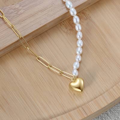 Heart Pendant 14K Gold Plated 925 Sterling Silver Half Paperclip Chain Half Freshwater Pearl Necklace detail 2