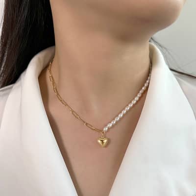 Heart Pendant 14K Gold Plated 925 Sterling Silver Half Paperclip Chain Half Freshwater Pearl Necklace detail 3