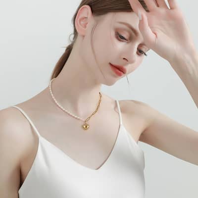 Heart Pendant 14K Gold Plated 925 Sterling Silver Half Paperclip Chain Half Freshwater Pearl Necklace detail 4
