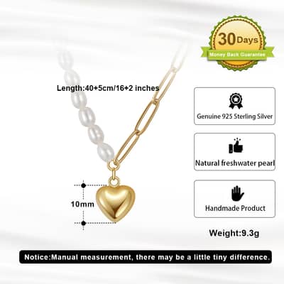 Heart Pendant 14K Gold Plated 925 Sterling Silver Half Paperclip Chain Half Freshwater Pearl Necklace detail 5