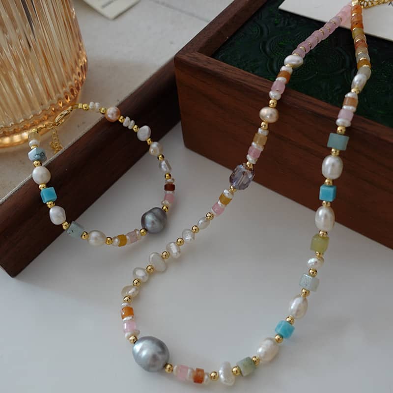 Natural Stone Color Pearl Necklace Handmade Beads Elegant Ins Style Stainless Steel Pearl - main