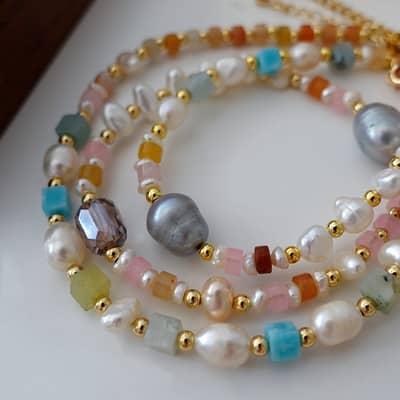 Natural Stone Color Pearl Necklace Handmade Beads Elegant Ins Style Stainless Steel Pearl detail 2