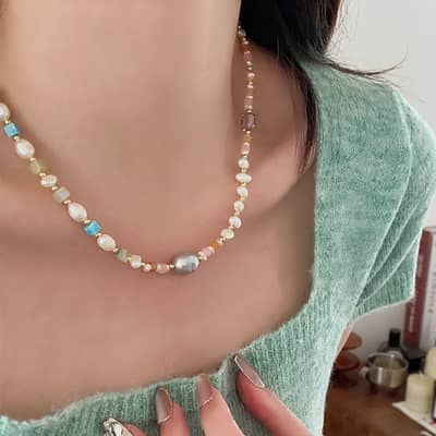 Natural Stone Color Pearl Necklace Handmade Beads Elegant Ins Style Stainless Steel Pearl detail 4