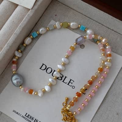 Natural Stone Color Pearl Necklace Handmade Beads Elegant Ins Style Stainless Steel Pearl detail 5