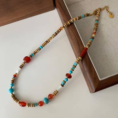 Natural Stone Handmade Beaded Necklace Bohemian Turquoise Beaded detail 1