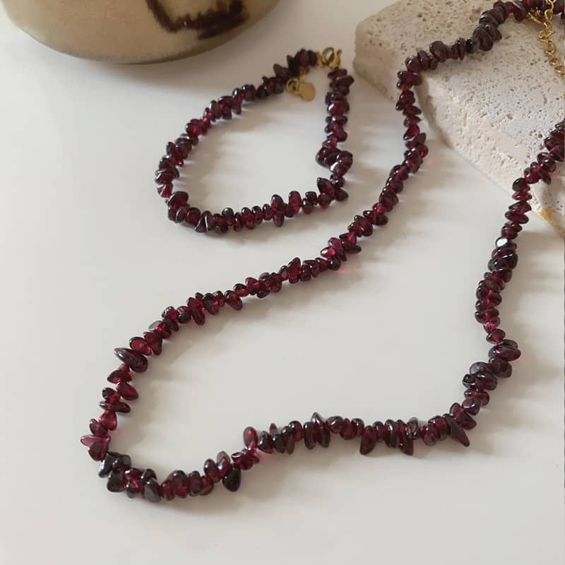 Natural Stone Handmade Beaded Necklace Elegant Red Irregular Bracelet Jewelry Set - main