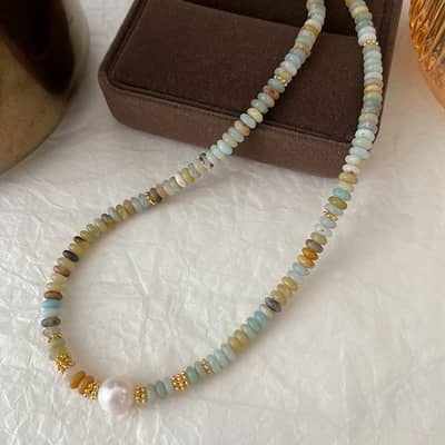 Natural Stone Handmade Beaded Pearl Necklace Elegant Color Natural Stone detail 1