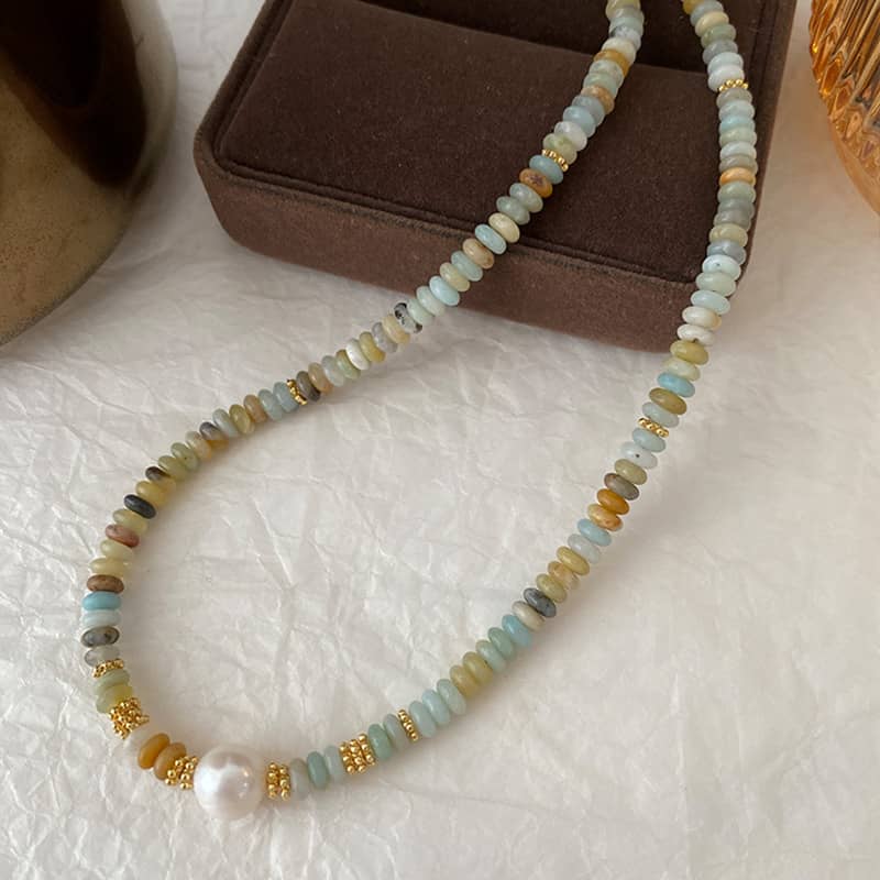 Natural Stone Handmade Beaded Pearl Necklace Elegant Color Natural Stone - main