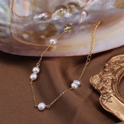 14K Gold Plated Freshwater Pearl Adjustable Link Chain Bracelet detail 1