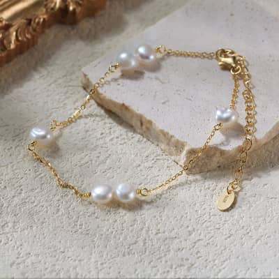 14K Gold Plated Freshwater Pearl Adjustable Link Chain Bracelet detail 5