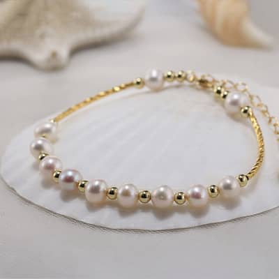 14K Gold Plated Adjustable Freshwater Pearl Bracelet, Trendy detail 2