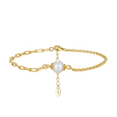 Freshwater Pearl Paperclip Spliced Chain Bracelet, 925 Sterling Silver 14K Gold Plated detail 1