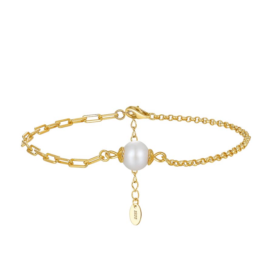 Freshwater Pearl Paperclip Spliced Chain Bracelet, 925 Sterling Silver 14K Gold Plated - main