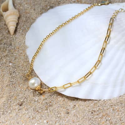 Freshwater Pearl Paperclip Spliced Chain Bracelet, 925 Sterling Silver 14K Gold Plated detail 4
