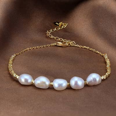 14K Gold Plated PVD Gold Plated Chain 925 Sterling Silver Baroque Shape Pearl Bracelet Set detail 1