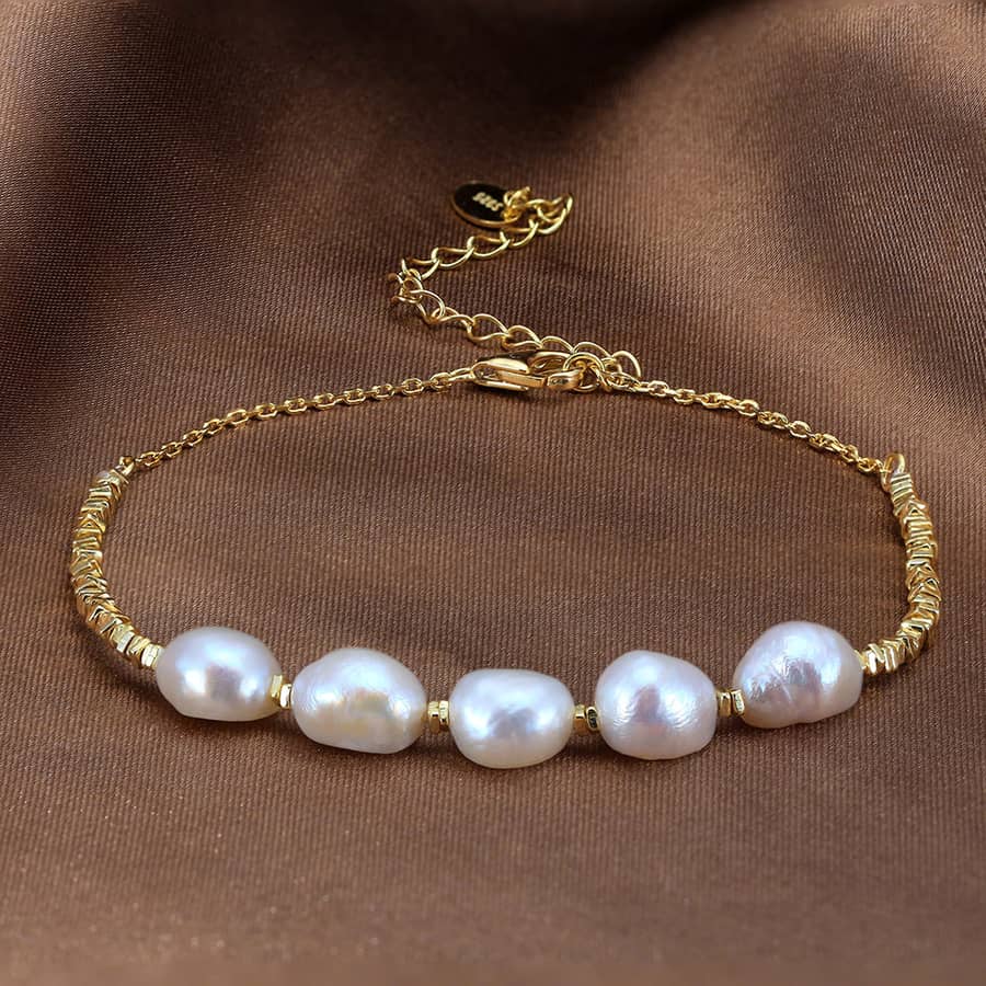 14K Gold Plated PVD Gold Plated Chain 925 Sterling Silver Baroque Shape Pearl Bracelet Set - main