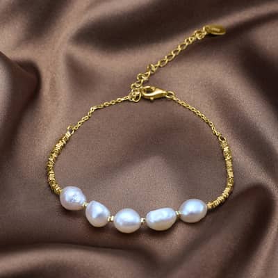 14K Gold Plated PVD Gold Plated Chain 925 Sterling Silver Baroque Shape Pearl Bracelet Set detail 2