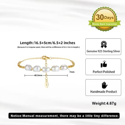14K Gold Plated PVD Gold Plated Chain 925 Sterling Silver Baroque Shape Pearl Bracelet Set detail 4