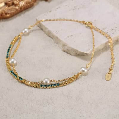 Dainty 925 Silver 14K Gold Plated Real Yellow Gold Plated Double Layered Tennis Chain Pearl Bracelet with Extension Link detail 1