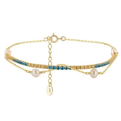 Dainty 925 Silver 14K Gold Plated Real Yellow Gold Plated Double Layered Tennis Chain Pearl Bracelet with Extension Link detail 3