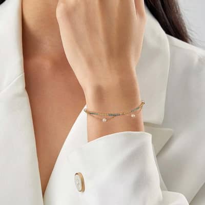 Dainty 925 Silver 14K Gold Plated Real Yellow Gold Plated Double Layered Tennis Chain Pearl Bracelet with Extension Link detail 4
