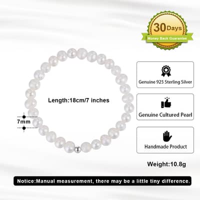 6-7mm White Freshwater Pearl Beaded Bracelet, 925 Sterling Silver detail 3