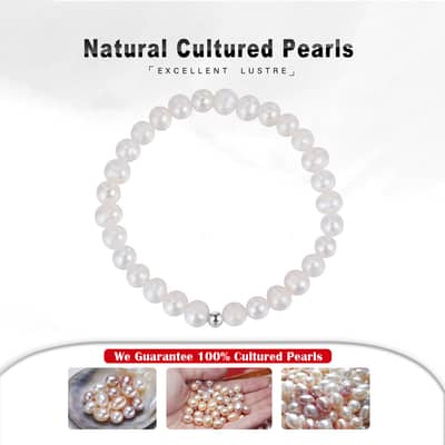 6-7mm White Freshwater Pearl Beaded Bracelet, 925 Sterling Silver detail 4