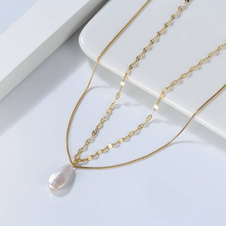 Box Chains Double Layer 925 Sterling Silver 14K Gold Plated Freshwater Pearl Necklace - main