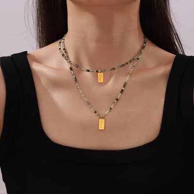Letter Titanium Steel Charm Beaded Necklace Natural Stone Handmade Party Gift detail 4
