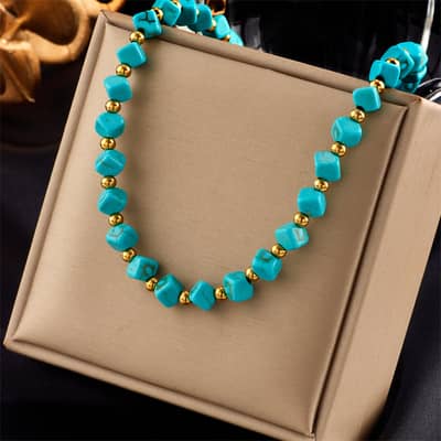 Beaded Necklace Natural Stone Waterproof Stainless Steel 18K Gold PVD Coated detail 1