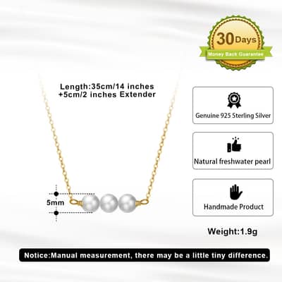 Three Pearl Balance Beam Dangling Beads Pendant 925 Sterling Silver Thin Chain Necklace 14K Gold detail 3