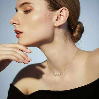 Three Pearl Balance Beam Dangling Beads Pendant 925 Sterling Silver Thin Chain Necklace 14K Gold detail 4