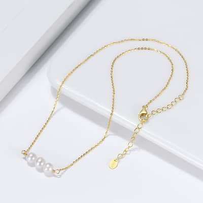 Three Pearl Balance Beam Dangling Beads Pendant 925 Sterling Silver Thin Chain Necklace 14K Gold detail 5