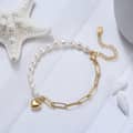 925 Sterling Silver Gold Plated Half Pearl Half Paperclip Chain Bracelet with Heart Pendant 1