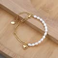 925 Sterling Silver Gold Plated Half Pearl Half Paperclip Chain Bracelet with Heart Pendant 2
