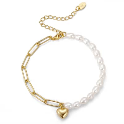 925 Sterling Silver Gold Plated Half Pearl Half Paperclip Chain Bracelet with Heart Pendant detail 3