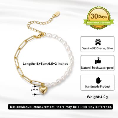 925 Sterling Silver Gold Plated Half Pearl Half Paperclip Chain Bracelet with Heart Pendant detail 5