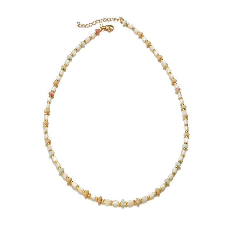 Beaded Necklace Natural Stone Shell Waterproof Titanium Steel Gold PVD Coated - main