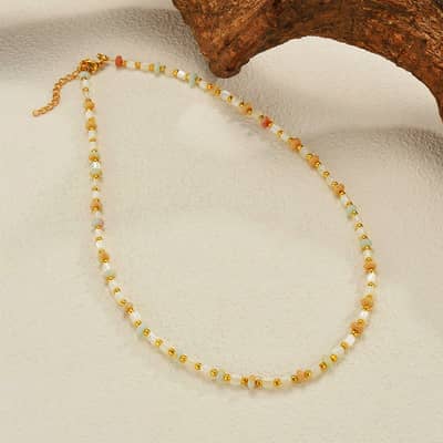 Beaded Necklace Natural Stone Shell Waterproof Titanium Steel Gold PVD Coated detail 2