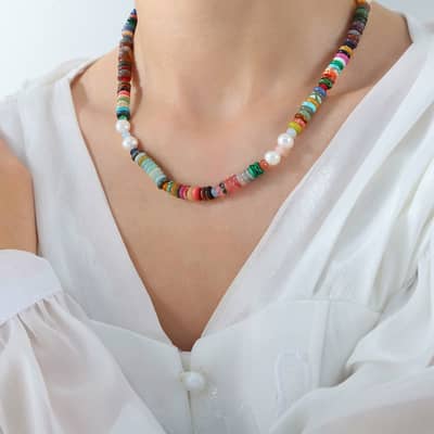 Natural Stone Pearl Necklace Handmade Beaded Stainless Steel detail 5