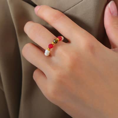Elegant Natural Stone Pearl Ring With 18K Gold Plated PVD Coated Stainless Steel Beads detail 5