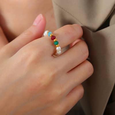 Elegant Natural Stone Pearl Ring With 18K Gold Plated PVD Coated Stainless Steel Beads detail 6