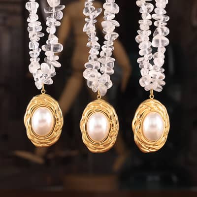 Oval Pearl Pendant Beads Necklace Waterproof Titanium Steel Crystal Stone Handmade Party Gift detail 1