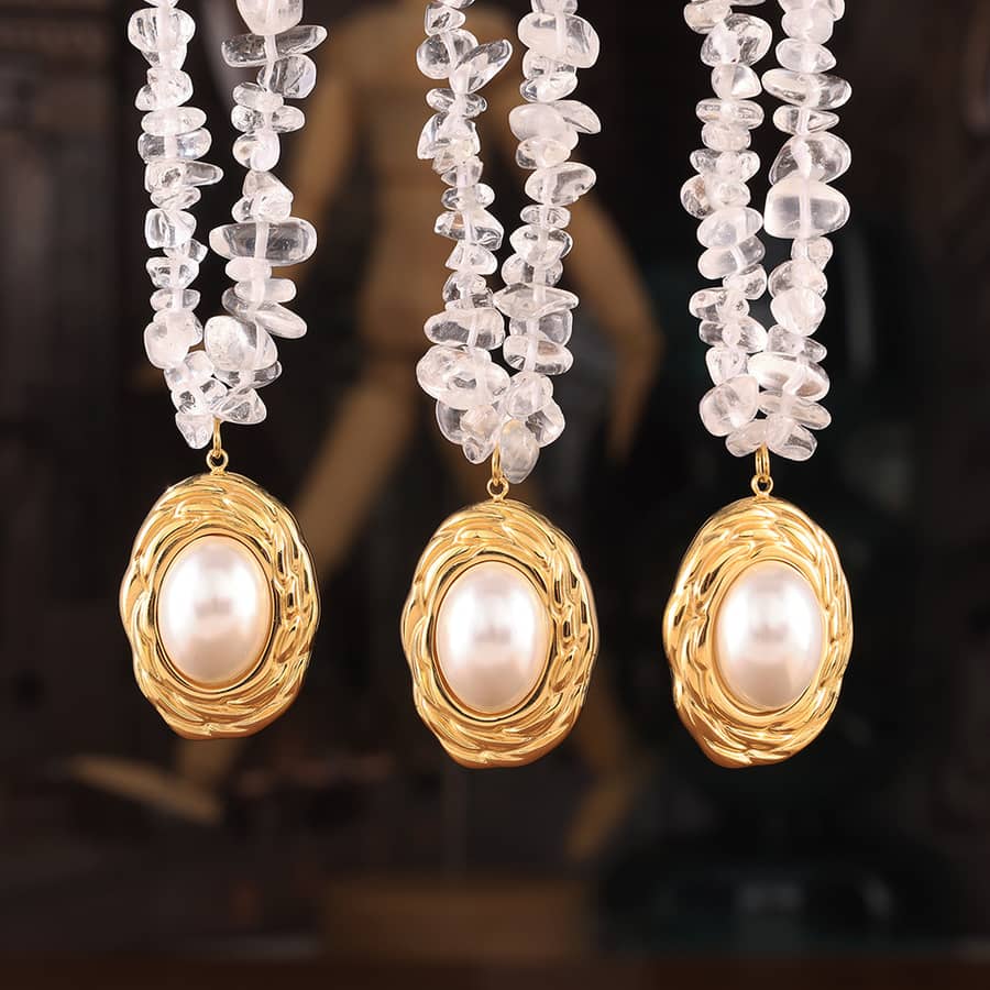 Oval Pearl Pendant Beads Necklace Waterproof Titanium Steel Crystal Stone Handmade Party Gift - main