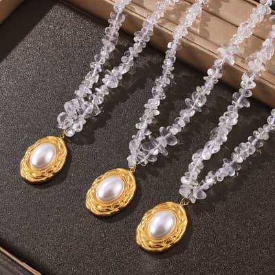 Oval Pearl Pendant Beads Necklace Waterproof Titanium Steel Crystal Stone Handmade Party Gift detail 2