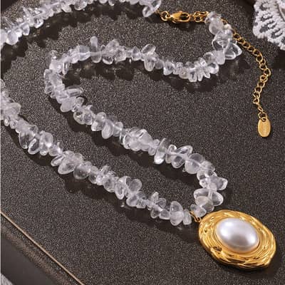 Oval Pearl Pendant Beads Necklace Waterproof Titanium Steel Crystal Stone Handmade Party Gift detail 3