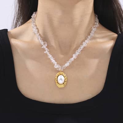Oval Pearl Pendant Beads Necklace Waterproof Titanium Steel Crystal Stone Handmade Party Gift detail 4