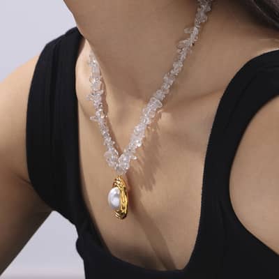 Oval Pearl Pendant Beads Necklace Waterproof Titanium Steel Crystal Stone Handmade Party Gift detail 5