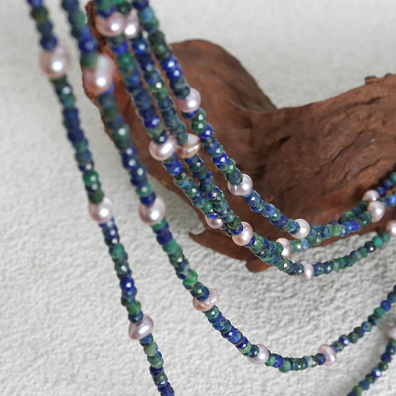 Retro Style Lapis Lazuli Colored Freshwater Pearl Beaded Necklace Handcrafted - main