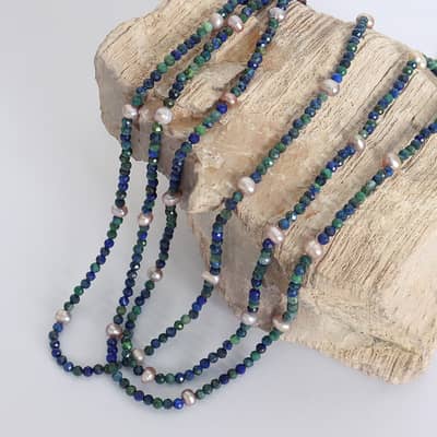 Retro Style Lapis Lazuli Colored Freshwater Pearl Beaded Necklace Handcrafted detail 2
